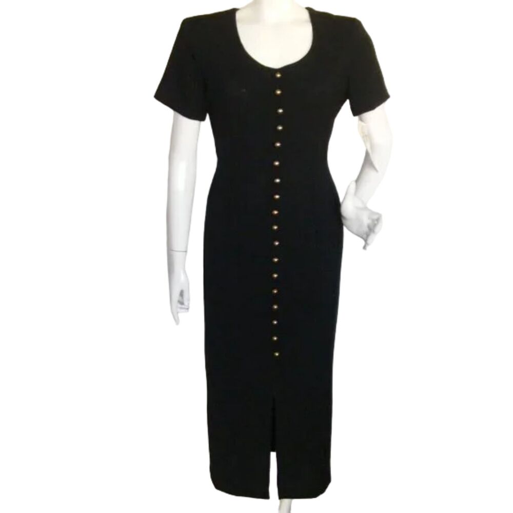new Vintage Midi Dress, M, Black, Brassy buttons, INFATUATION, Deadstock